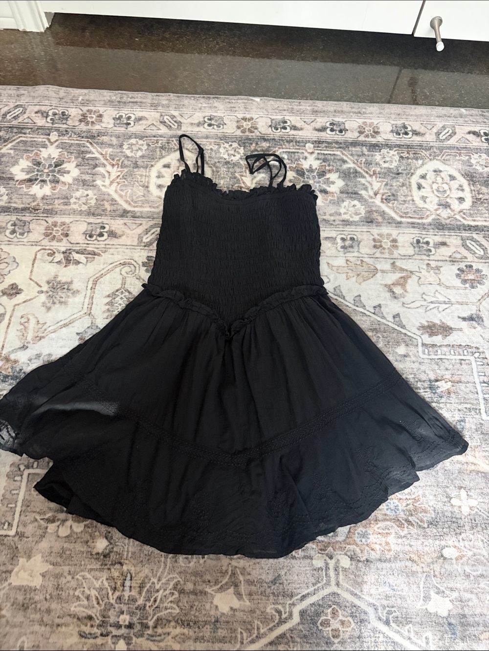 American Eagle Outfitters Black Smocked Romper with Ruffle Skirt